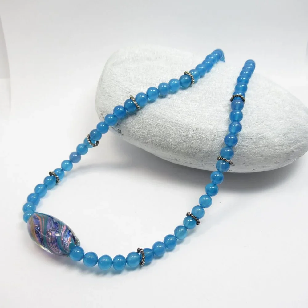 Blue Quartz Stone Necklace With Glass Bead